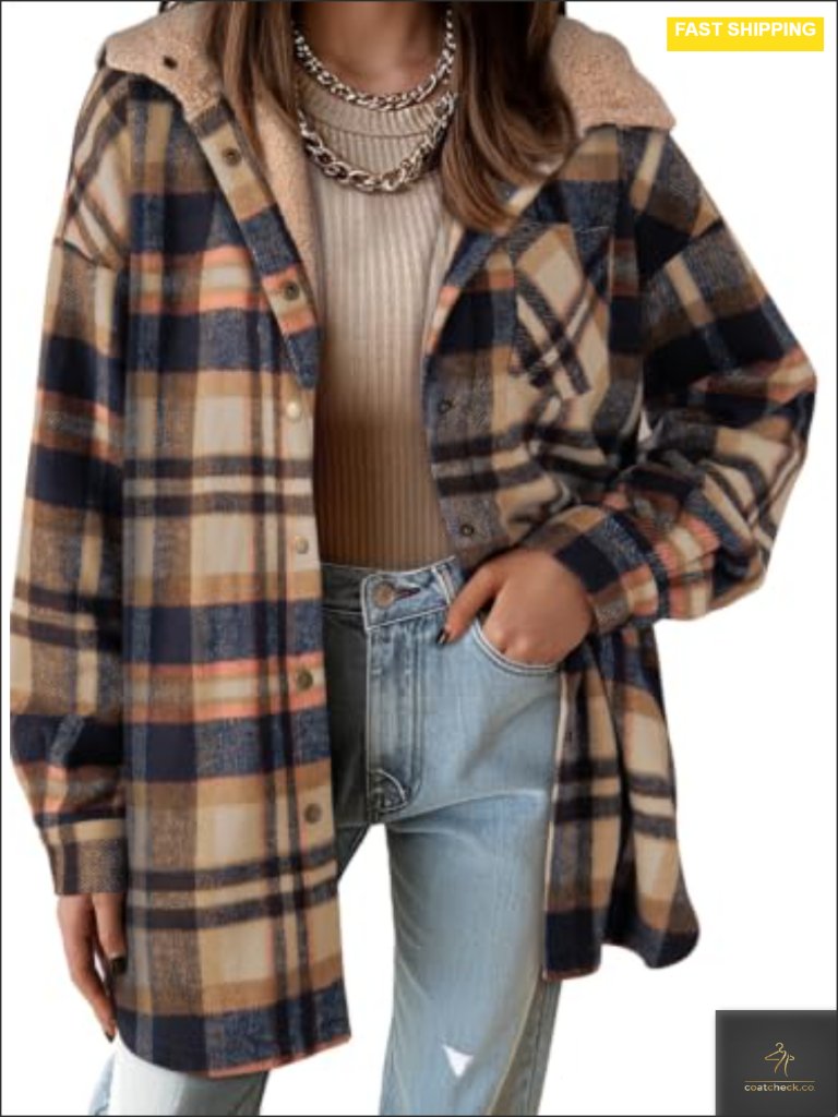 Flannel Hooded Plaid Shacket Thick Coat Warm Fleece Jacket Button Down